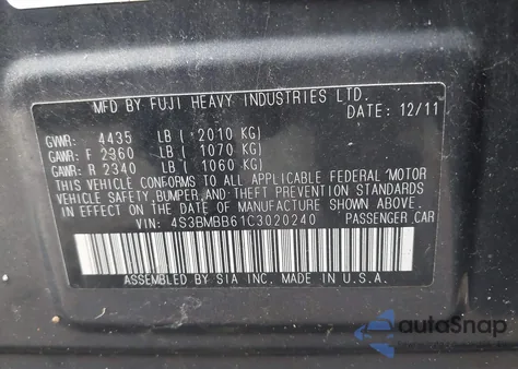 2012 Subaru Legacy 2.5I Premium from USA, damaged, VIN 4S3BMBB61C3020240